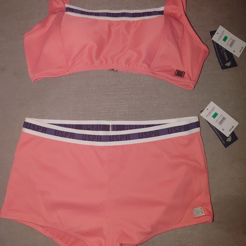 NWT U.S. Polo Assn. Ribbed Pink, Blue and White Bikini. Size XL